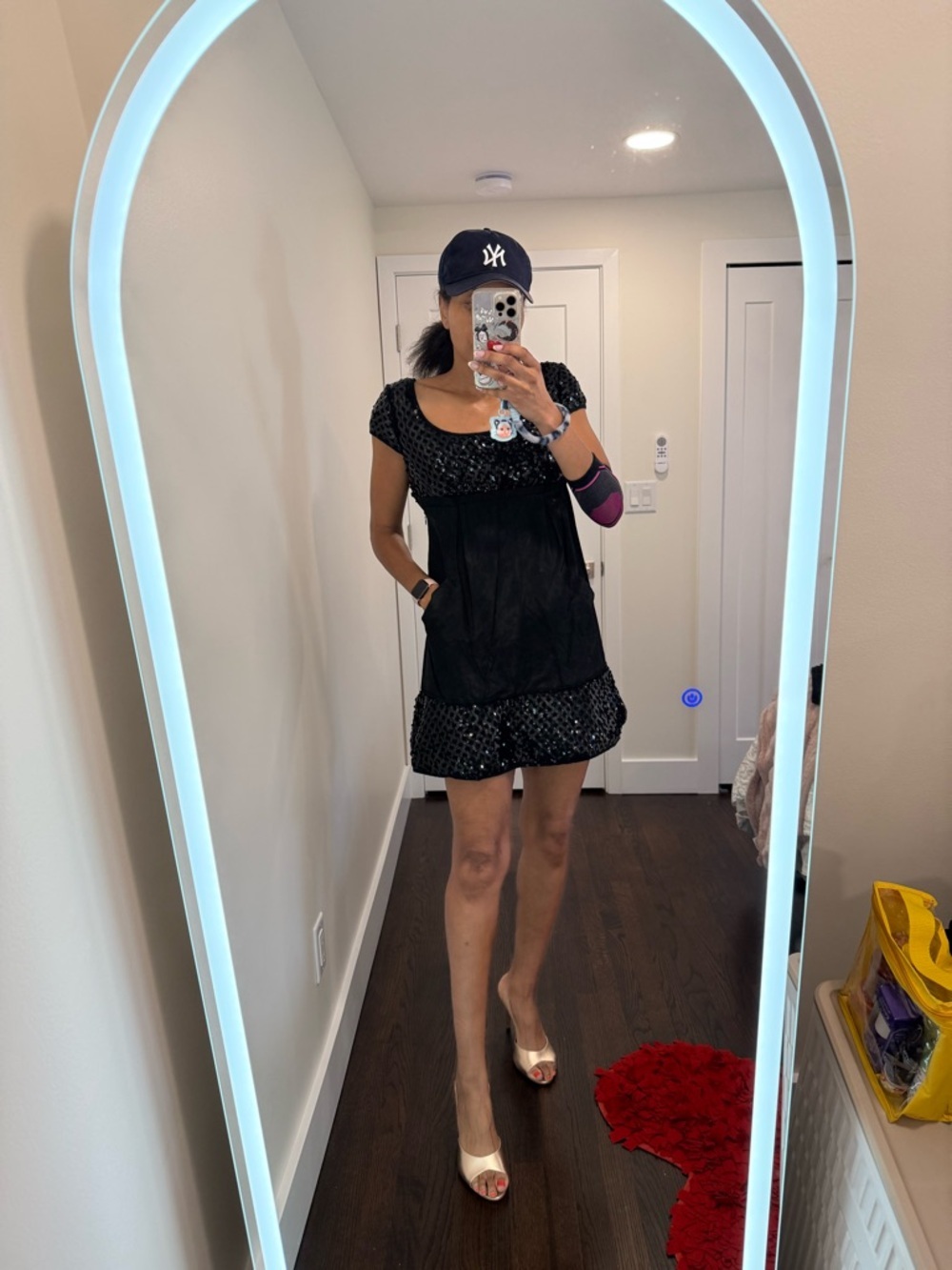 Vintage Betsey Johnson Y2K Black Sequin Babydoll Dress with Pocket Detail